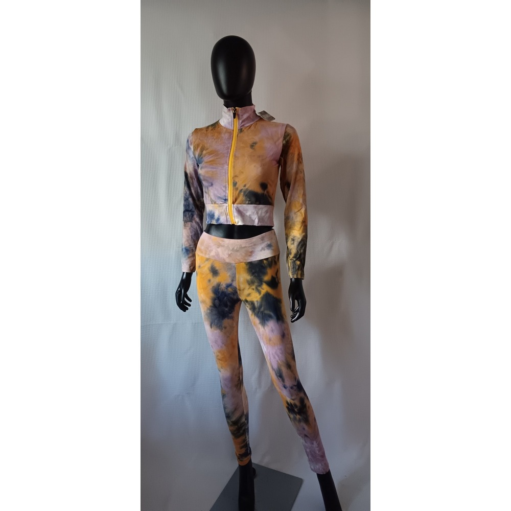 Fashion Tie Dye 2 Piece Athleisure Set Zip Front Crop Top Leggings Orange Purple